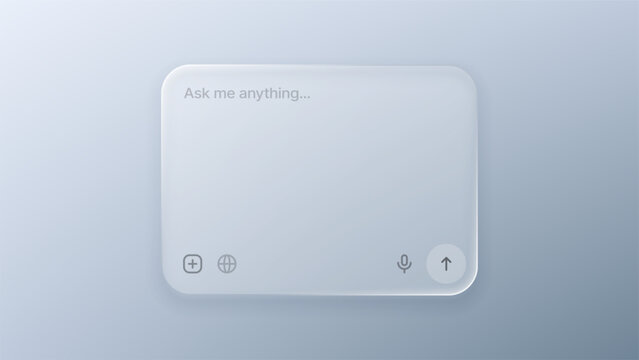 Blank ai chat interface window with ask me anything text field. Glassmorphism chatbot assistant screen with microphone and send button icons. Virtual assistant technology concept