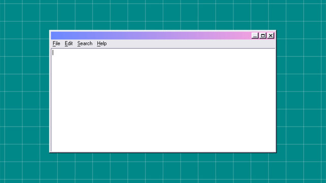 Retro computer window interface on teal grid background. Vintage operating system design with menu bar and control buttons. Old software user interface concept for web design and nostalgia