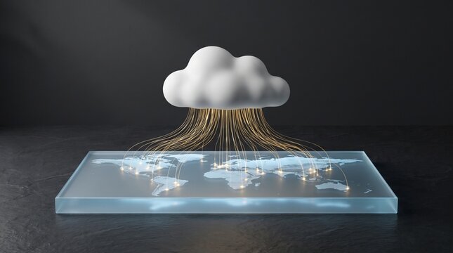 Cloud computing concept with white cloud raining data streams onto a glass world map data center information technology digital connection cyber security big data