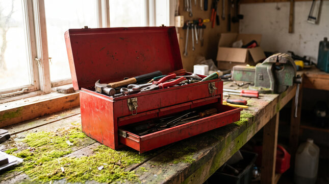 Vintage open red metal toolbox with hand tools on a rustic wooden workbench in a workshop. Concept of tool chest, mechanics tools, diy, carpentry, repair tools. Copy space.
