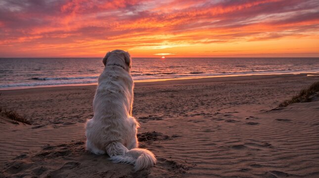 Loyal white fluffy dog sitting on sandy ocean beach watching a colorful sunset horizon with coastal landscape pet companion evening seascape dog by sea ocean view