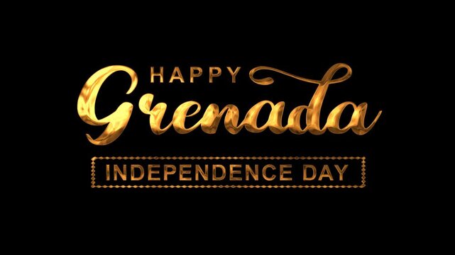 Happy grenada independence day text animation in gold. Suitable for holiday themed digital marketing campaigns or social media posts.