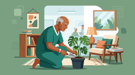 Fototapeta premium Elderly Man Tending Houseplant in Living Room, Senior Care