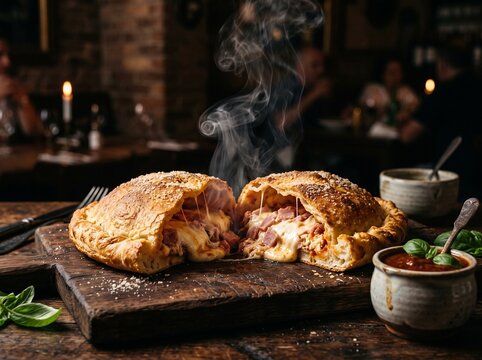 Fresh baked savory chicken pot pie on a rustic wooden cutting board