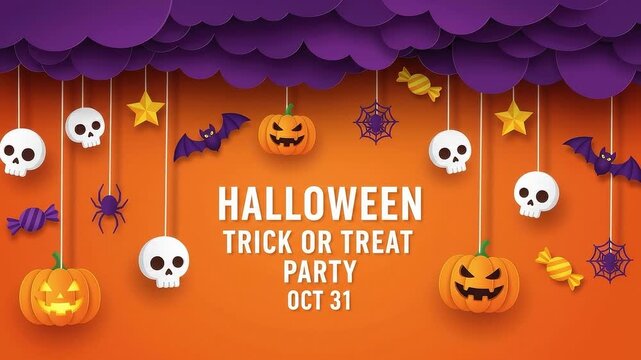 A seamless pattern halloween trick or treat party invitation with hanging decorations