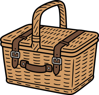 Wicker picnic basket with leather straps vector