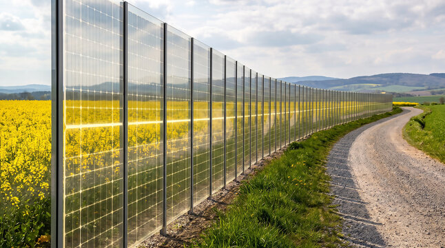 Vertical bifacial solar fence installed along green rural agricultural field