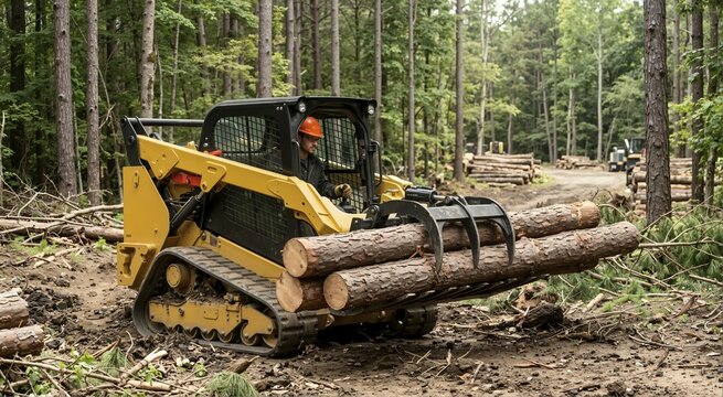 Skid steer loader with grapple attachment moving pine logs in a forest. Heavy machinery operating in a logging and forestry environment