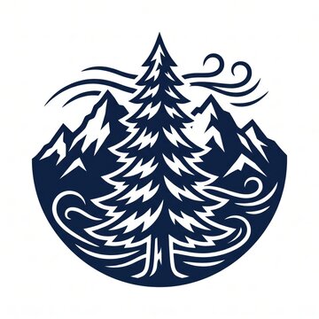 Vintage pine tree emblem with mountain background and swirling wind lines