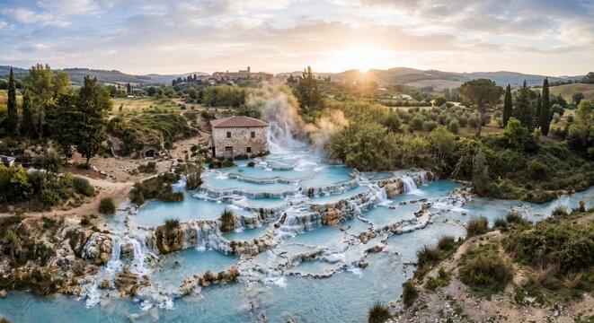 Thermal waters cascading at Saturnia's hot springs in Tuscany  