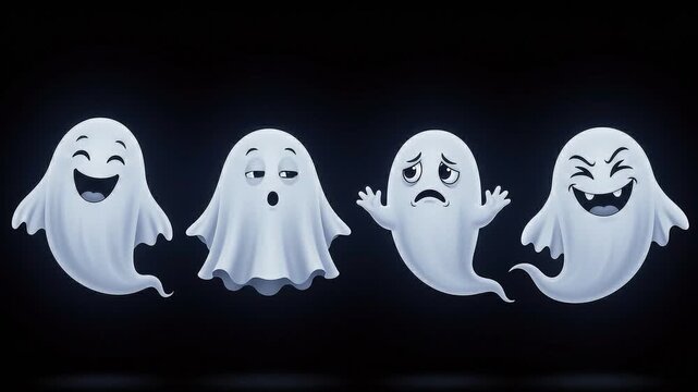 A seamless pattern set of four cute cartoon ghosts