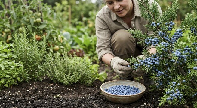 Woman harvesting blue juniper berries into a ceramic bowl. Gathering gin flavoring botanicals from an evergreen conifer in a garden. Edible landscape concept