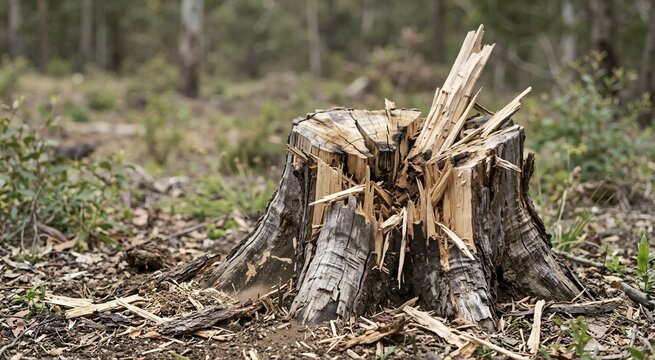 Shattered and splintered tree stump in a forest. Destroyed wood fragments and debris from an explosive force or heavy impact
