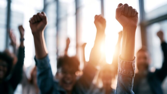 Crowd of diverse colleagues raising clenched fists in unity and celebration of triumph achievement against bright sunlight
