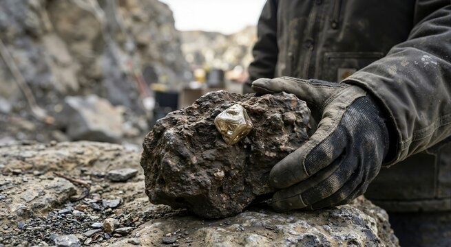 Miner holding a rough diamond embedded in kimberlite rock. Uncut precious gemstone in raw ore at a mining excavation site