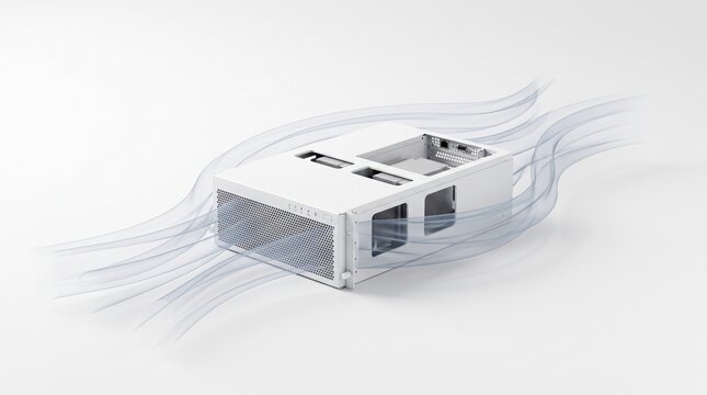 3D illustration of an aerodynamics test on a white modern electronic device with wind flow lines representing cooling efficiency and airflow dynamics