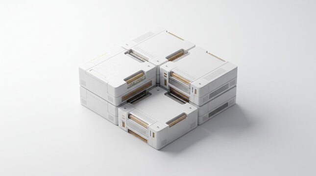 Modern minimalist modular white electronic hardware devices arranged in a clean square pattern