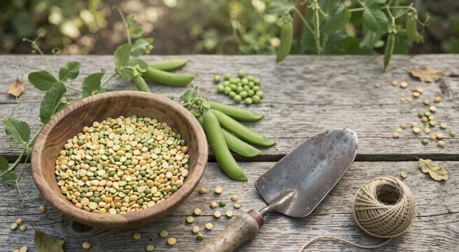 Dried organic split peas in a wooden bowl on a garden table. Yellow and green legumes with fresh pea pods and gardening tools. Harvest and vegetable patch concept