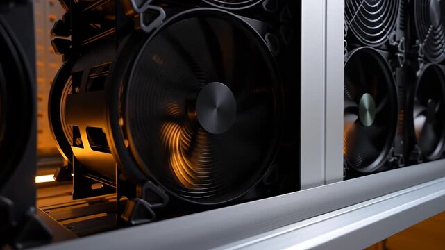 Computer cooling fans spin inside a metal hardware enclosure, their dark blades catching warm amber reflections beside silver framing and rows of additional ventilation fans