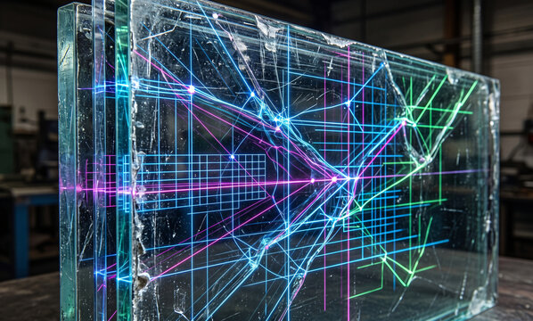 Photorealistic close up of scratched military blast proof glass with neon linear stress fracture analysis
