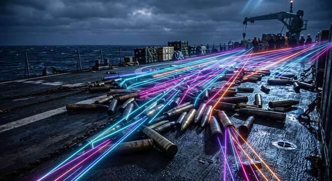 Photorealistic shot of empty artillery shells on a steel warship deck with neon linear ballistic trajectories