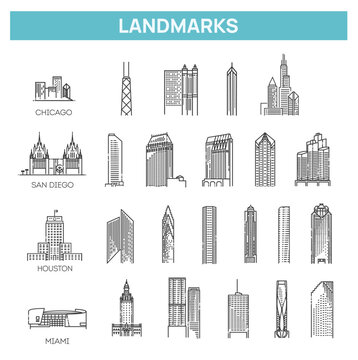 American landmarks vector icons set