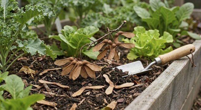 Close up of brown maple seeds on soil in raised garden bed. Helicopter wings samaras on dark earth with hand trowel. Gardening and nature concept