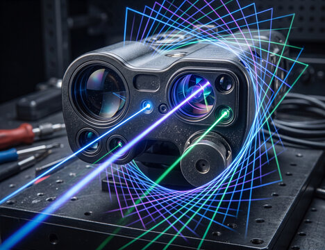 Photorealistic macro of a military targeting optic device with glowing neon linear laser alignment beams