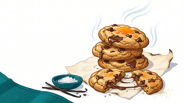 Freshly baked chocolate chip cookies with steaming aroma and salt  