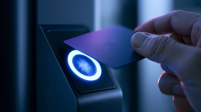 Close up of hand tapping electronic RFID keycard on modern blue glowing sensor scanner for security door access control
