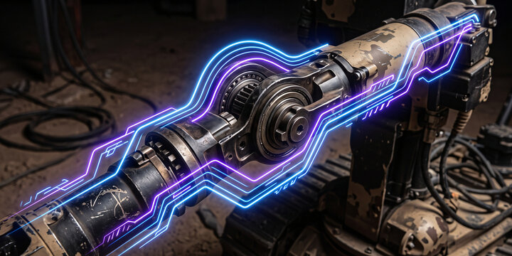 Photorealistic macro of a robotic military arm with glowing neon linear hydraulic data paths