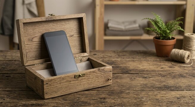 Modern smartphone with blank screen inside an open rustic wooden box. Mobile device on a textured wooden table. Digital detox and privacy concept. Copy space for text
