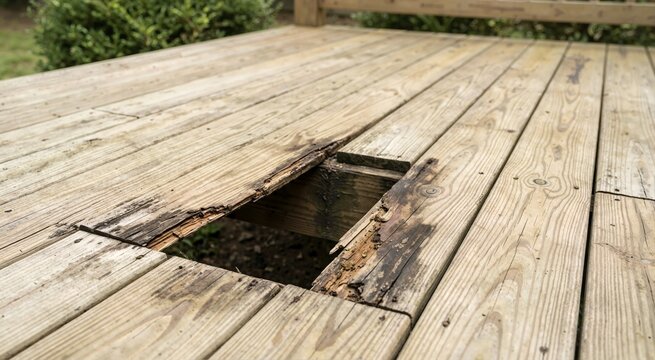 Damaged wooden deck with a missing and rotten plank. Close-up of broken patio flooring showing severe wood decay and safety hazard