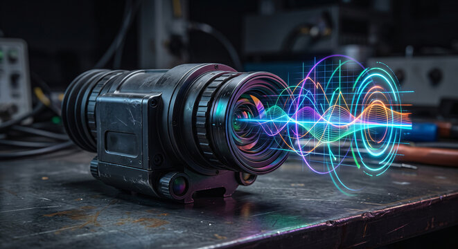 Photorealistic macro of a military optic device lens with neon linear frequency wave emissions