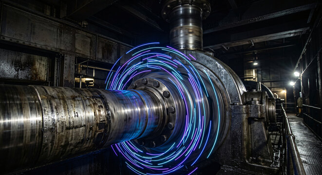 Photorealistic macro of a spinning mechanical generator shaft with neon linear kinetic data rings