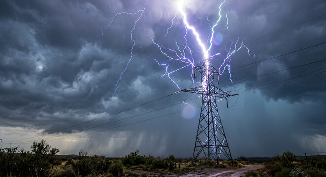 Photorealistic shot of a lightning strike hitting a transmission tower with neon linear energy surge