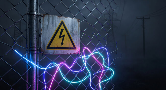 Photorealistic shot of a high voltage warning sign on a fence with neon linear electric fields