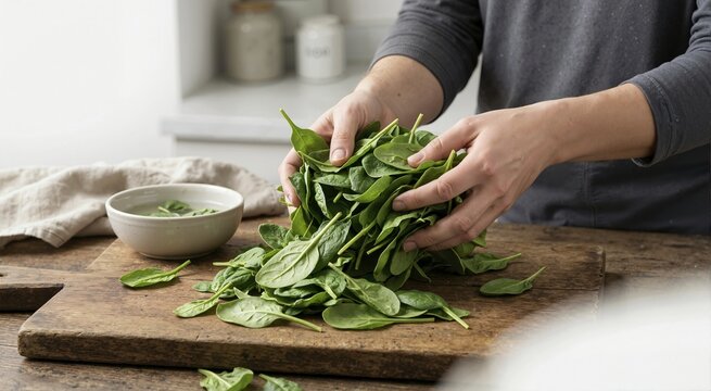 Hands holding a large handful of fresh green spinach leaves. Person preparing organic vegetables on a rustic wooden cutting board in a kitchen