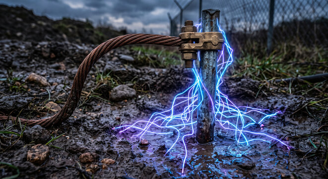 Photorealistic close up of an electrical grounding rod in mud with neon linear current dissipation