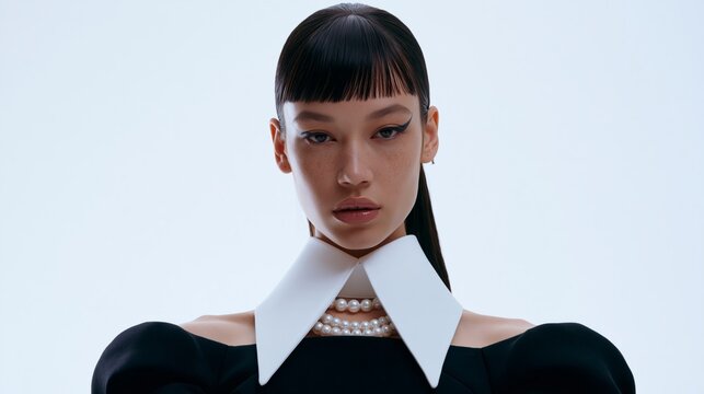brunette woman in couture outfit inside surreal fashion office