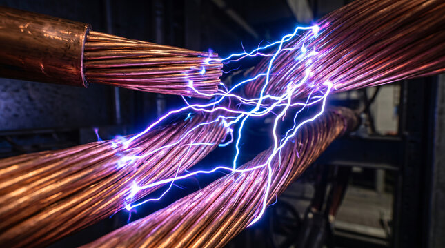 Photorealistic macro of frayed heavy copper cables with electric arcing and glowing neon linear short circuit warnings