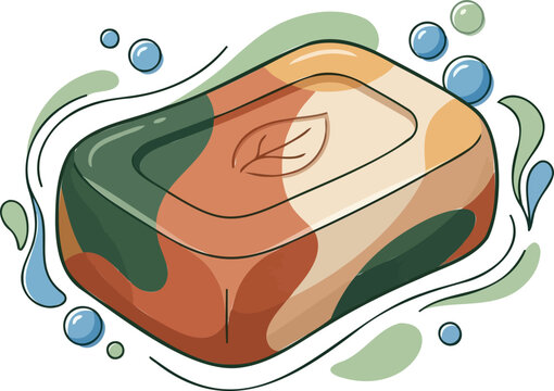 Natural organic soap bar with leaf imprint and soap bubbles