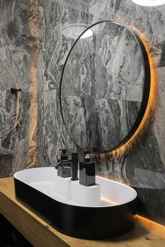 Round backlit mirror bowl sink bathroom