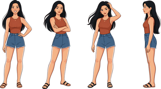 Anime woman character sheet vector illustration featuring a young female in a halter top and denim shorts posing from front angle, side profile, and three-quarter view