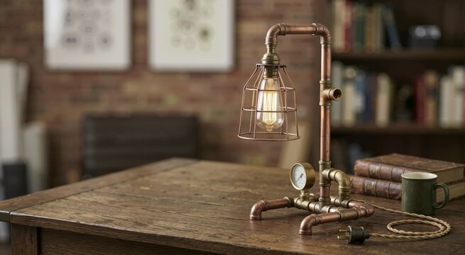 Vintage industrial desk lamp made of copper pipes and fittings. Steampunk style lighting with Edison bulb on wooden table. Handcrafted home decor and interior design