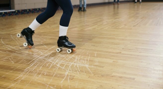 Black quad roller skates on a heavily scratched wooden floor. Close up of legs skating in an indoor roller rink. Retro recreational sport and leisure activity