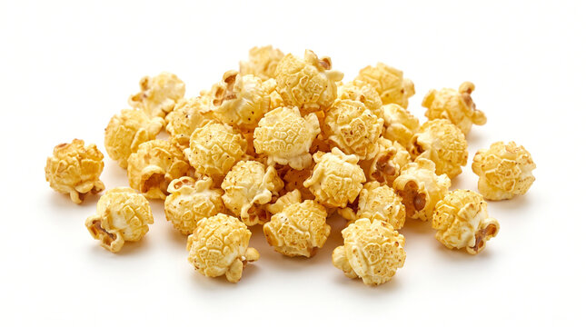 Highly realistic freshly popped golden popcorn kernels forming a small naturally scattered pile, irregular fluffy shapes, detailed crunchy surfaces, tiny toasted areas and subtle warm highlights