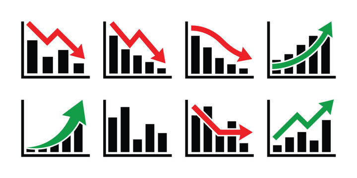 Business Performance Growth and Decline Chart Icons for Financial Reports, Statistics, Analytics and Data Visualization, Vector Collection Set