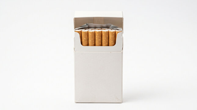 Ultra-realistic plain white cigarette pack containing neatly arranged cigarettes, realistic paper packaging and cigarette filters, open rectangular box, detailed material texture