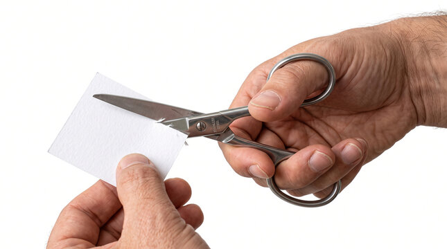 Ultra-realistic human hand holding stainless steel scissors while cutting a small piece of paper, detailed fingers, realistic skin texture, sharp metal blades and handles